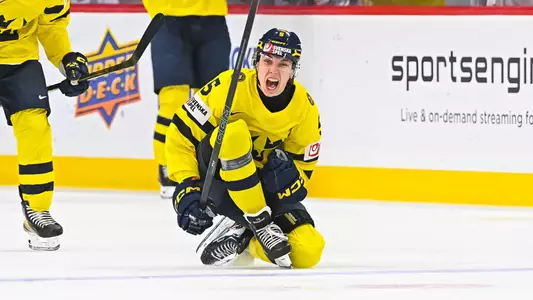 Sascha Boumedienne celebrates his game-winning goal in the gold medal game of 2026 World Junior Championship