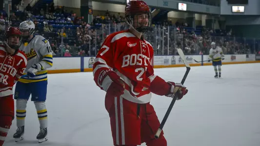 Caleb Malhotra celebrates his first collegiate goal