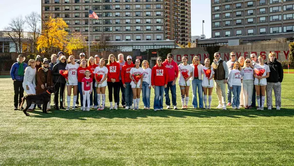 Photo of the BU Women's Soccer Senior Day ceremony.