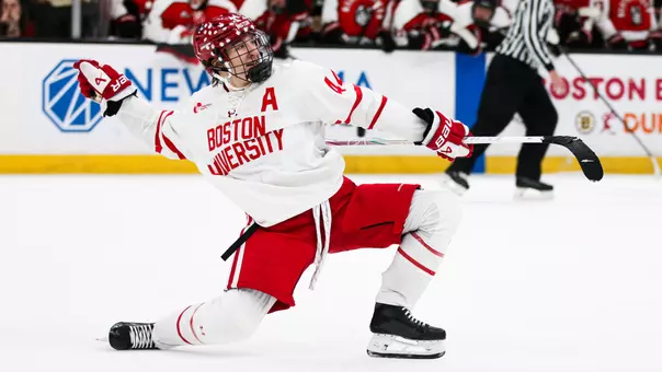 Cole Hutson celebrates his shootout winner in the 2026 Beanpot semifinals