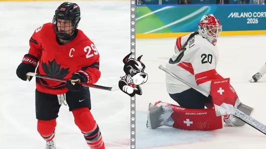 Picture of Marie-Philip Poulin playing hockey next to a picture of Andrea Brandli playing goalie