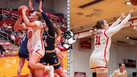 Photo of BU women's basketball seniors Anete Adler (left) and Anastasiia Semenova (right) shooting the ball.