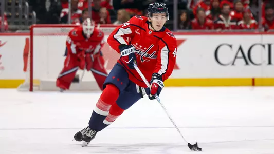 Cole Hutson skating for the Washington Capitals