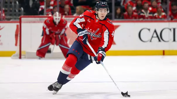 Cole Hutson skating for the Washington Capitals