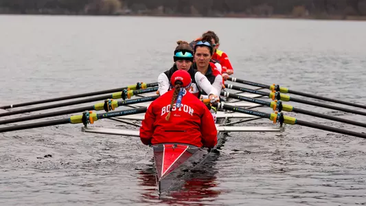 Women's rowing 2V8 on the Charles River for practice