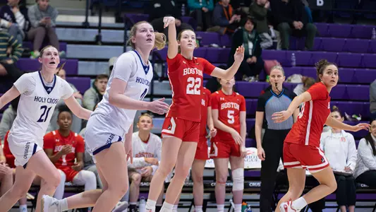 Photo of BU women's basketball freshman Kate Allard shooting a jumper at Holy Cross.
