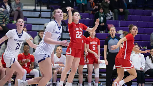 Photo of BU women's basketball freshman Kate Allard shooting a jumper at Holy Cross.