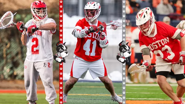 Action photos of Mike Allieri, Peyton Forte and Madden Murphy playing lacrosse