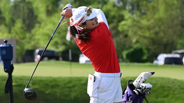 Amy Han on the opening tee of the 2026 Patriot League Championship