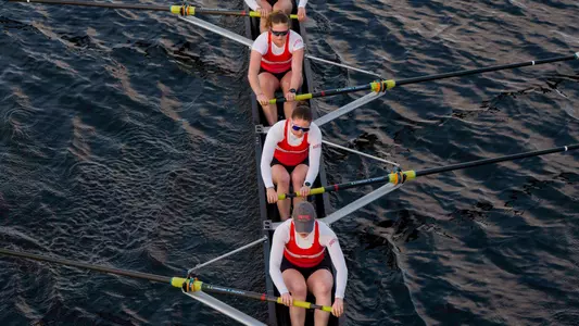women's rowing overhead shot on the charles river