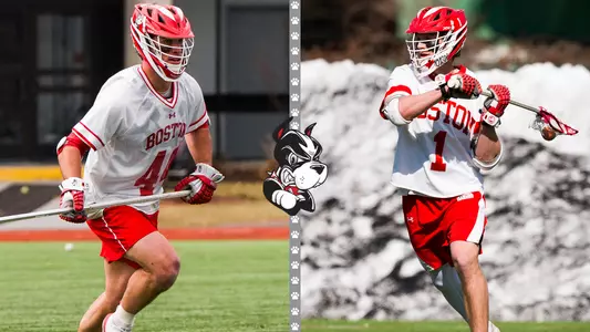 Photo of Connor Kehm playing lacrosse next to a photo of Timothy Shannehan playing lacrosse