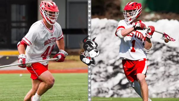 Photo of Connor Kehm playing lacrosse next to a photo of Timothy Shannehan playing lacrosse