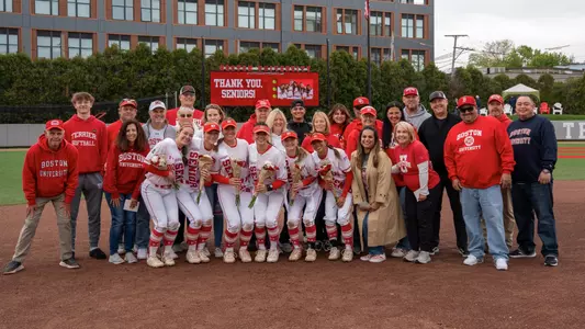 BU Softball senior day group photo with seniors and family