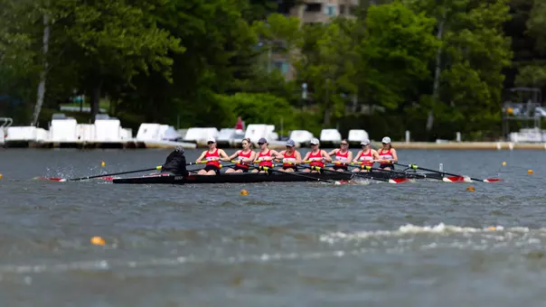 The Varsity 8 rows on the Cooper River at the 2026 Patriot League Championships