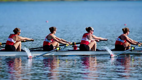 Photo of the BU Lightweight 4+ racing at the 2026 IRA National Championship Regatta.