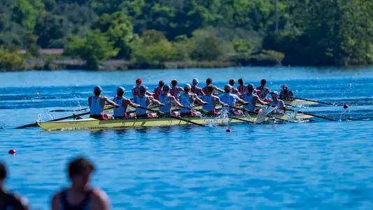 Photo of the BU Men's Rowing Second Varsity 8 racing at the IRA National Championship Regatta.