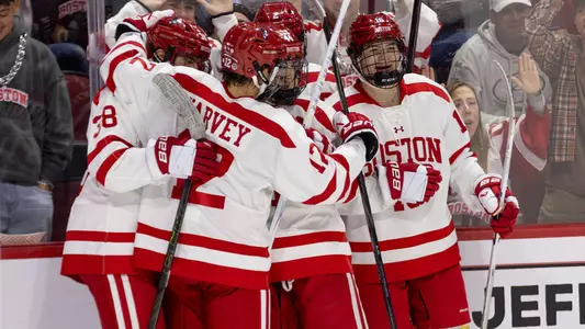 Men's ice hockey players celebrate a goal
