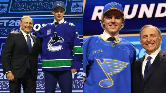 Photo of Caleb Malhotra on NHL Draft stage next to photo of Tynan Lawrence on NHL Draft stage