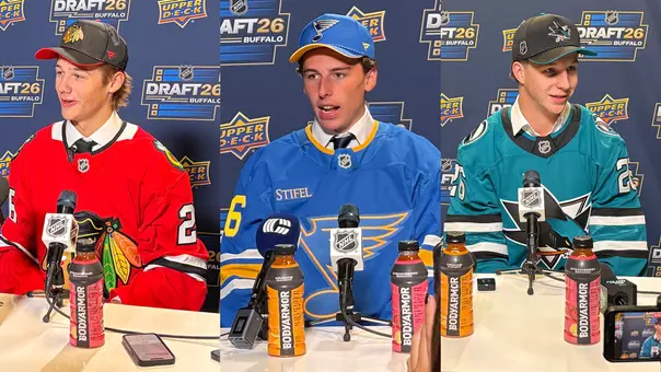 Photos of Xavier Villeneuve, Luke Schairer and Brady Knowling at the NHL Draft media podium