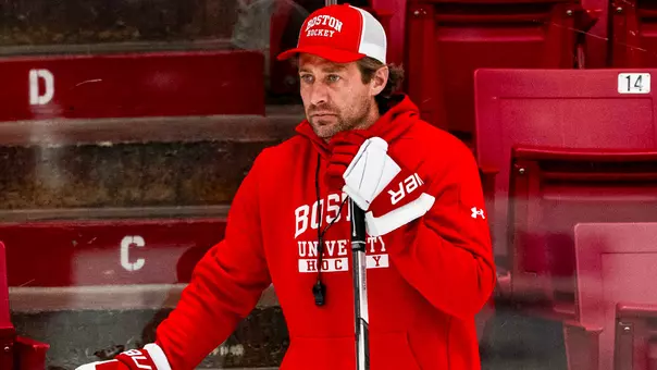 Matt Gilroy on the ice at a 2026 BU men's hockey practice