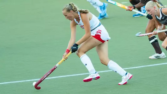 Jenna Park dribbles the ball into the circle against Brown
