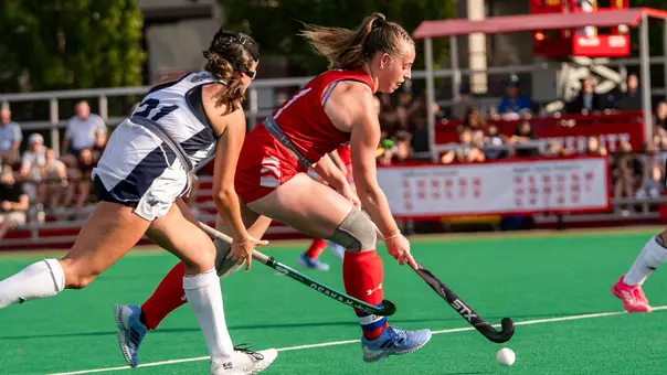 Maddie Hudson controls the ball vs. Merrimack