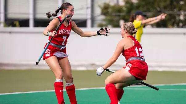 Sophomore Lucy Johnson celebrates her goal with classmate Molly Driscoll against Dartmouth