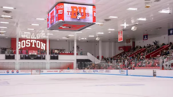 Wide shot of Walter Brown Arena pregame with no one on the ice