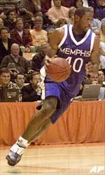 Memphis' Shannon Forman drives hard to the basket during first half action.