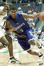 Courtney Trask of Memphis drives past South Florida's Altron Jackson during the first half of their Conference USA tournament game Wednesday.