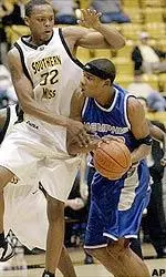 Sean Banks leans in to make a post move during the first half.