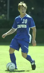 Senior Justin Dyer made a key block in the second half, helping the Tigers shutout Louisville, 1-0. (photo by Paul Levy)