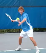 Senior men's tennis players Alex Jago (above) and James Spence will face the defending doubles champs at the ITA All-American Friday.
