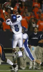 Memphis safety Brandon McDonald leaps to intercept a pass intended for Texas-El Paso's Johnnie Lee Higgins during the second quarter. (AP Photo)