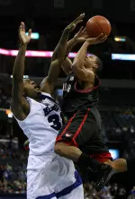 Joey Dorsey (32) goes up to block Lamar's Brandon Chappell (1) during the second half. (AP Photo)