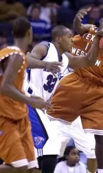 Joey Dorsey looks for a steal from UTEP's Kevin Henderson during the first half.