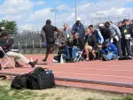 DeAngelo Williams is timed while running the 40 on the track.