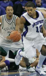 Memphis' Rodney Carmey (10) steals the ball from Tulane's David Gomez, right rear, as Tulane's Matt Wheaton looks on during the first half of a Conference USA tournament basketball game Thursday, March 9, 2006, in Memphis, Tenn. (AP Photo/Mary Ann Chastain)