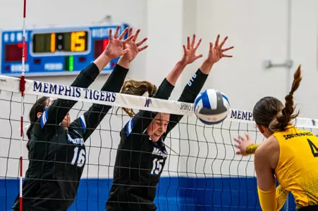 Setter Jordan Heatherly (16) & Middle Hitter Autumn Flynn (15) during the Memphis vs. Southern Mississippi volleyball match on 09152023.