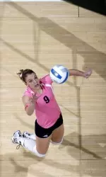 Sophomore Kelly Ruth recorded a double-double (15K, 18D) in Xavier's 3-1 win over No. 12 Dayton. Photo by Doug Cochran.