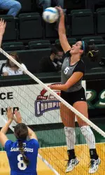 Senior Jenni Horvath posted her fifth double-double (14K, 20D) in Xavier's 3-2 semifinals win over Saint Louis in the A-10 Championship. Photo by Bernie Connelly.