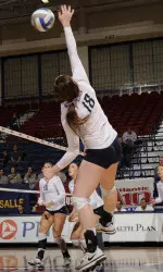 Sarah Brown paced Xavier's offense with 12 kills in the Musketeers sweep of Robert Morris.