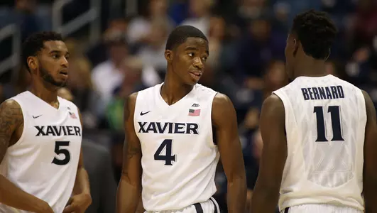 Trevon Bluiett, Edmond Sumner and Malcolm Bernard against Ferris State