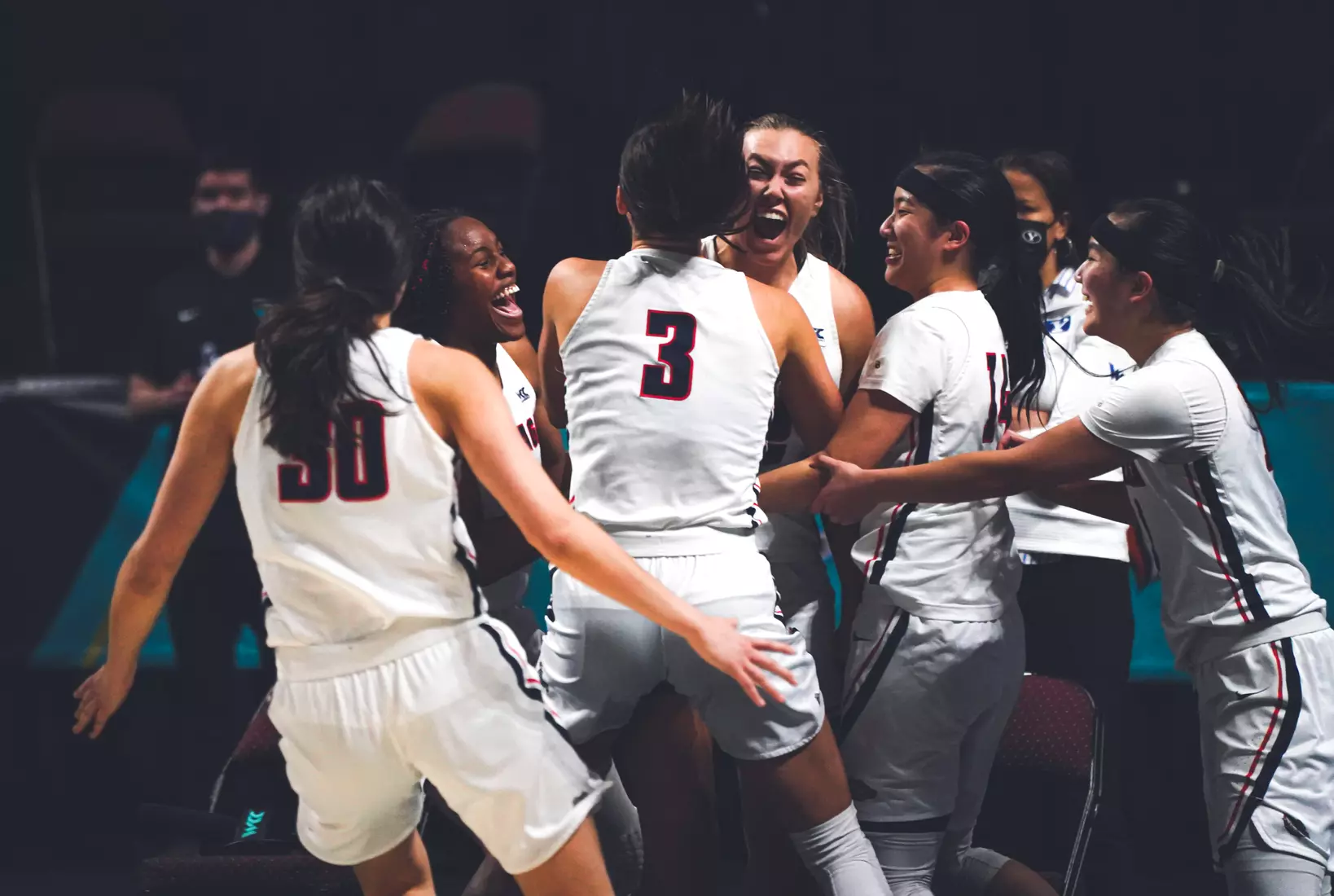 Mar 9, 2021; Las Vegas, NV, USA; Gonzaga Bulldogs guard Jill Townsend (C) celebrates with guard Abby O'Connor (30), forward Yvonne Ejim (15), forward Jenn Wirth (3) and guard Kaylynne Truong (14) after scoring the game-winning basket as time expired against the BYU Cougars in the West Coast Conference Tournament championship at Orleans Arena. Mandatory Credit: Kirby Lee-USA TODAY Sports