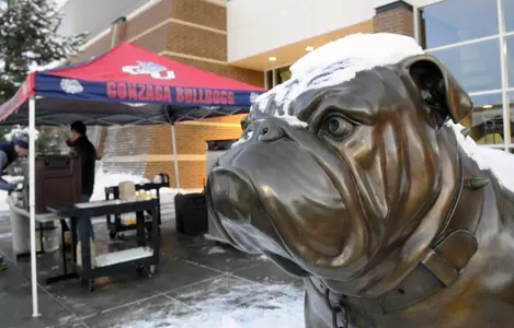 Gonzaga Bulldogs statue just outside the student entrance prior to the game against the St. Mary's Gaels at McCarthey Athletic Center. Credit: James Snook-USA TODAY Sport