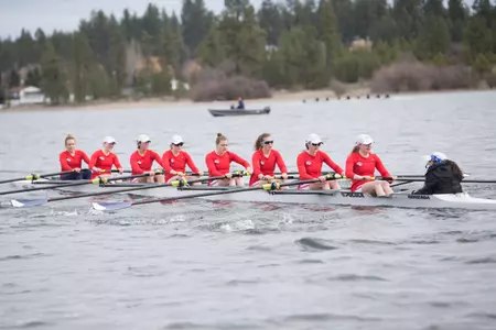 Isabelle Belzil, Micailah Donner, Lindey English, Lauren English, Alexa Jadallah, Olivia Lada, Caroline Maguire, Olivia Marsh, Meghan McCallum in the varsity 8 boat against Oregon State. (Photo By Mike Wootton
