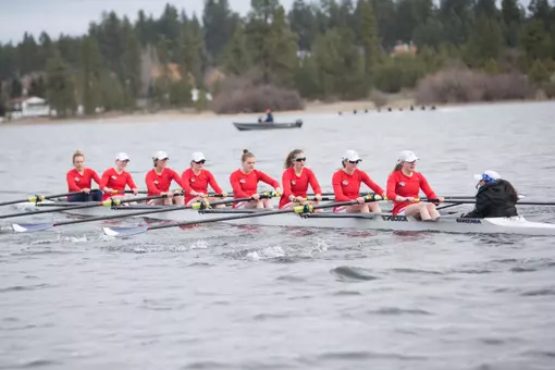 Isabelle Belzil, Micailah Donner, Lindey English, Lauren English, Alexa Jadallah, Olivia Lada, Caroline Maguire, Olivia Marsh, Meghan McCallum in the varsity 8 boat against Oregon State. (Photo By Mike Wootton