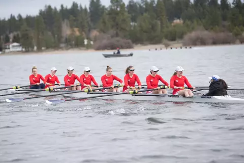 Isabelle Belzil, Micailah Donner, Lindey English, Lauren English, Alexa Jadallah, Olivia Lada, Caroline Maguire, Olivia Marsh, Meghan McCallum in the varsity 8 boat against Oregon State. (Photo By Mike Wootton