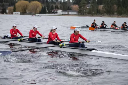 Emma Delucchi, Ariel Evans, Charlotte Lepp, Megan Seifert, Isabella Spies in the varsity 4A boat against Oregon State. (Photo By Mike Wootton