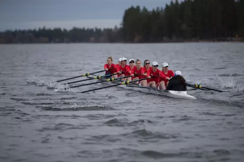 Alexa Jadallah, Lindey English, Olivia Marsh, Isabelle Belzil, Lauren English, Meghan McCallum, Micailah Donner, Caroline Maguire, Olivia Lada vs. Oregon State in the Varsity eight boat (Mike Wootton